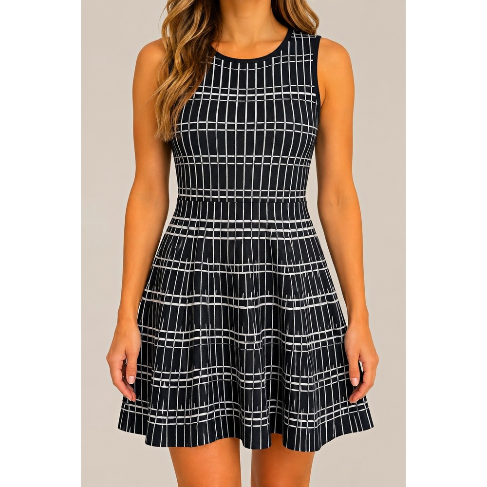 AVA S Black White Windowpane Plaid Knit Fit Flare Sweater Dress Party Holiday